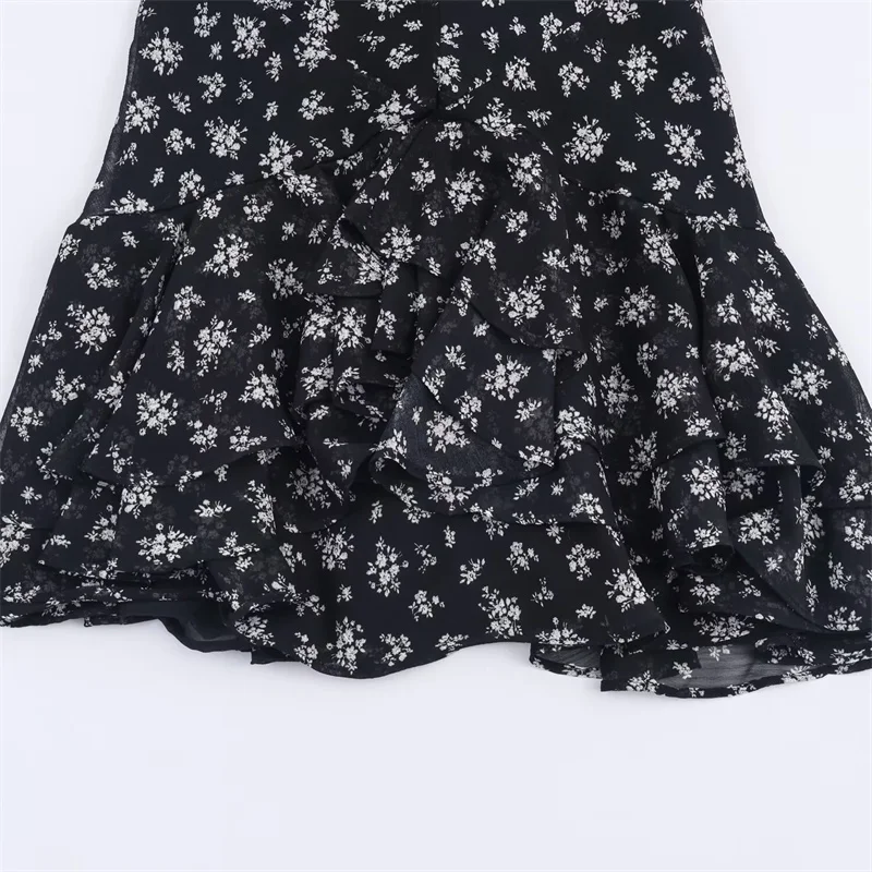 レディースワンピース 2025年秋新作 ブラックプリント 長袖 Vネック レイヤード装飾 ミニワンピース セクシーでファッショナブルなカジュアル