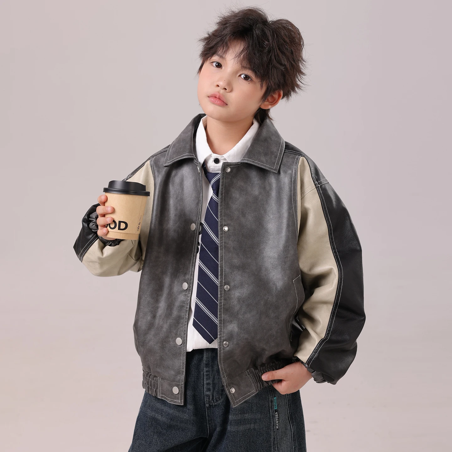 Boys Faux Leather Bomber Jacket Teenager Warm Winter Casual Outerwear with Fleece Lining Trendy New Design Windproof Coat