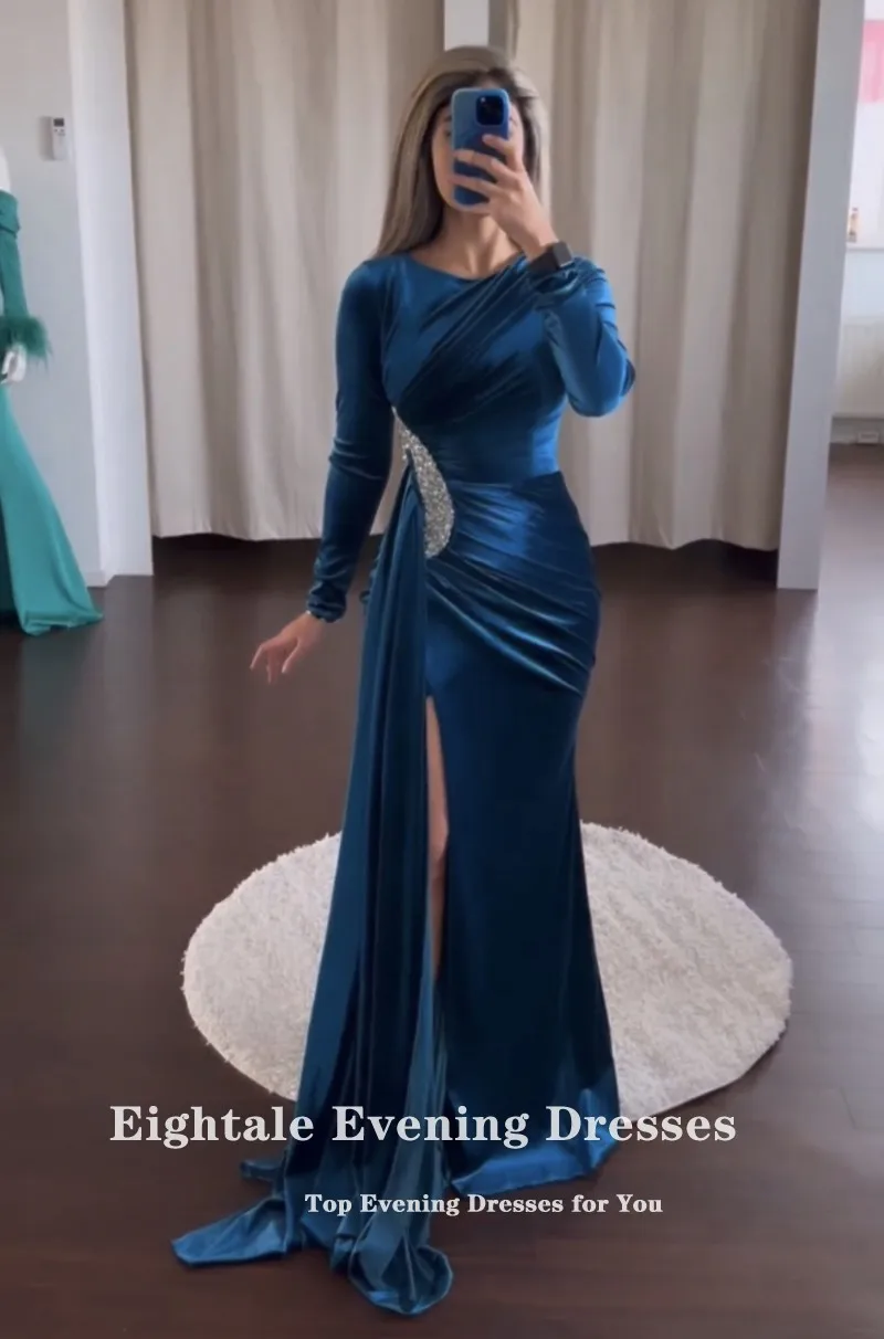 Eightale Velvet Evening Dress for Wedding Party Blue O-Neck Beaded Mermaid Customized Long Sleeves Prom Gowns