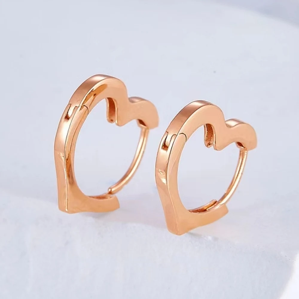 Real Pure 18K Rose Gold Hoop Women Gift Lucky Smooth Glossy Heart Earrings 1.42-1.5g