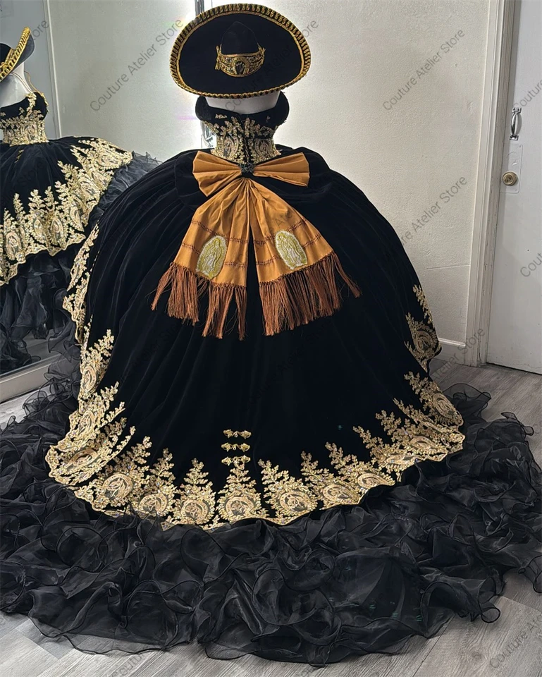 Black Princess 15 Quinceanera Dresses Ball Gown Ruffels Birthday Gowns Gold Embroidery Corset Sweet Black Princess 15 Quinceanera Dresses Ball Gown Ruffels Birthday Gowns Gold Embroidery Corset Sweet