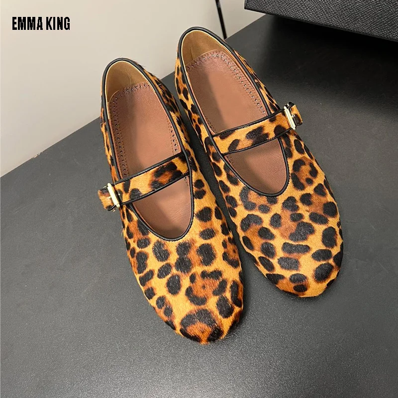 2024 Summer Brand Patchwork Horse Fur Mary Jane Ballet Flats Women Shoes Leopard Print Comfortable Round Toe Flat Loafers Shoes