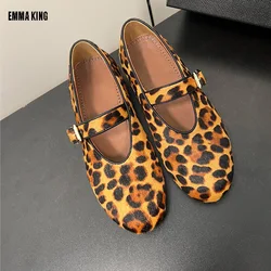 2024 Summer Brand Patchwork Horse Fur Mary Jane Ballet Flats Women Shoes Leopard Print Comfortable Round Toe Flat Loafers Shoes