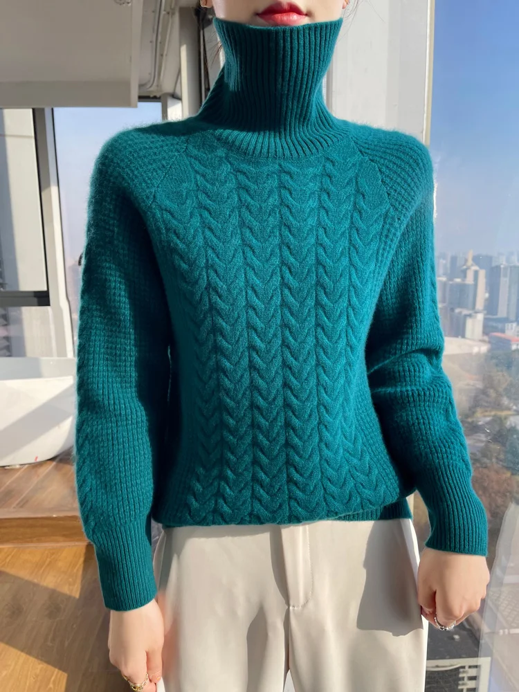 New Fashion Women's Turtleneck Sweater For Winter Thick Warm Twist Flower 100% Merino Wool Knitwear Pullover Korean Popular Top