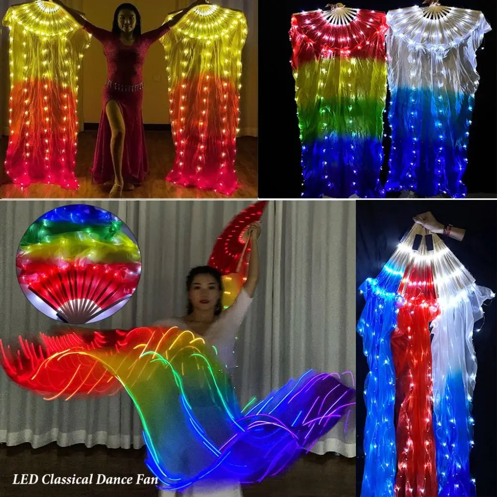 Leque de dança clássica led, cor gradiente, 1.5m, adereços de performance, leque de dança do ventre, imitação longa de dançarina de rayon, prática de leque de seda
