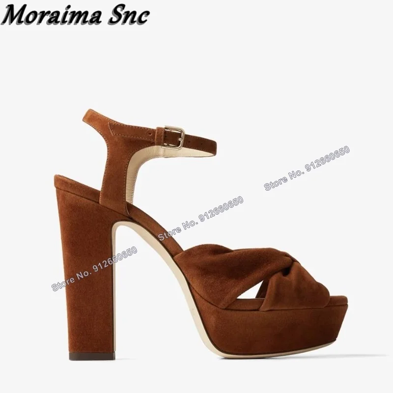 

Moraima Snc Brown Solid Suede Platform Sandals Peep Toe Blue Chunky Heel Ankle Buckle Sandals High Heels Wedding Shoes on Heel