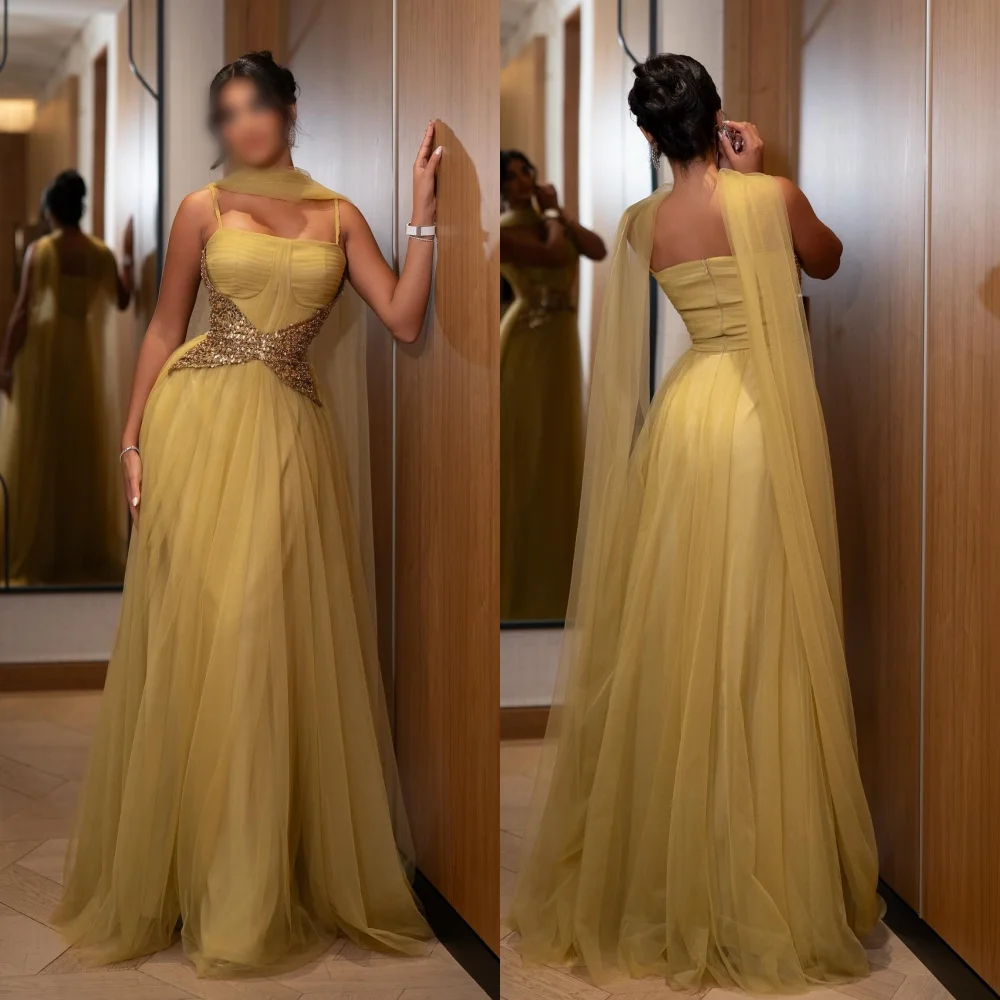 

Customized Net Pleat Sequined Evening Dress with Straps A-line Long Dresses Bespoke Occasion High Quality Party Gown