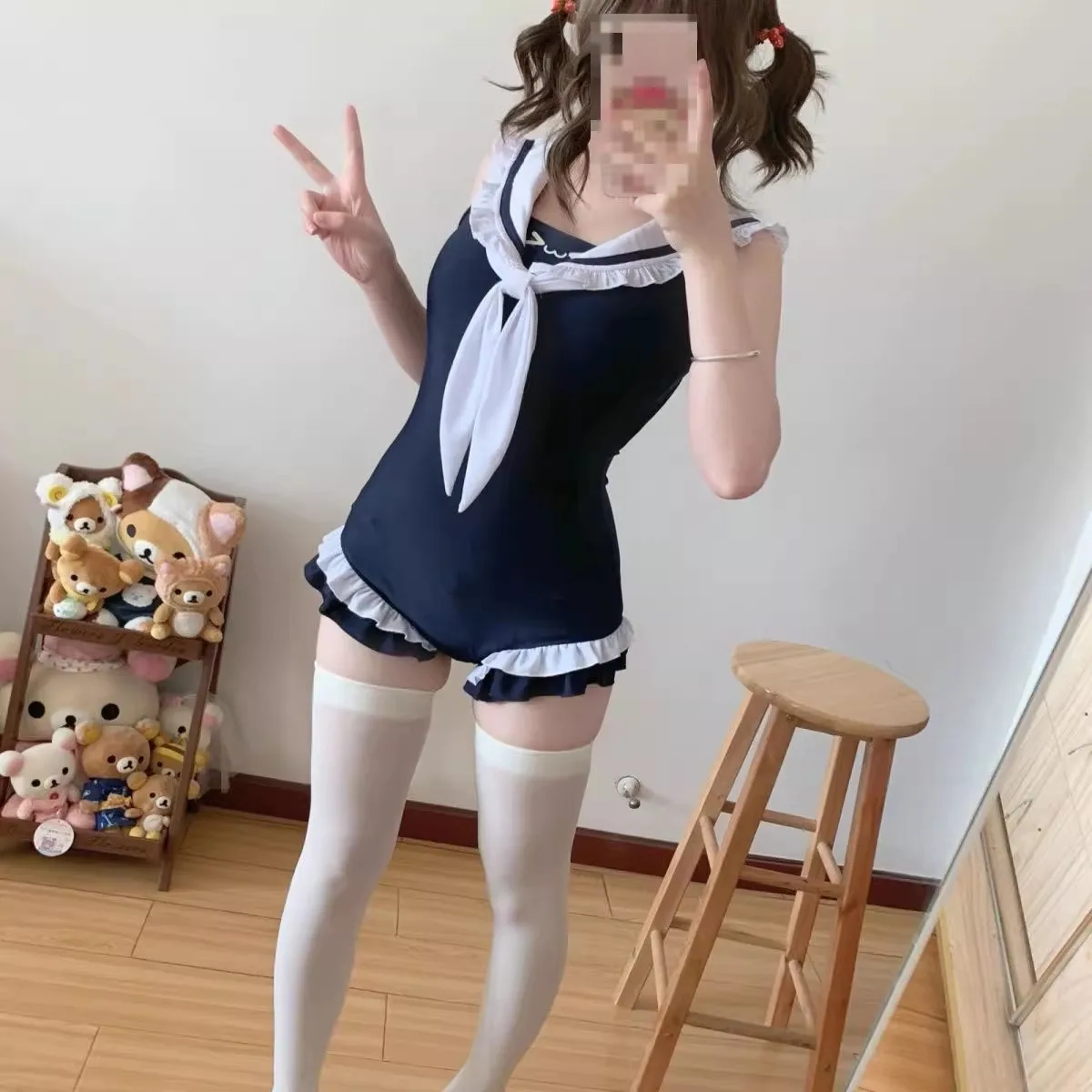 Schulmädchen, Matrosenkragen, Badebekleidung, Bikini, Rüschenkante, einteiliger Monokini, Push-Up-Mädchen, gepolstert, Strandkleidung, Schwimmen, Sommer