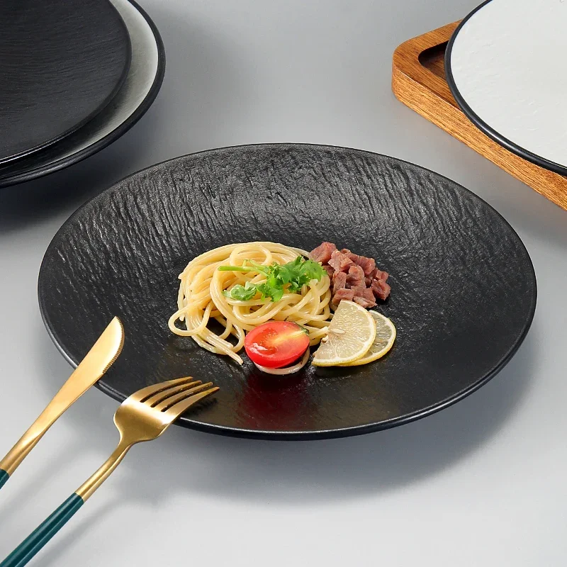 

New Products Catering Stock Spiral Unbreakable Melamine Plate Luxury Melamine Plate Black For Restaurant 50pcs