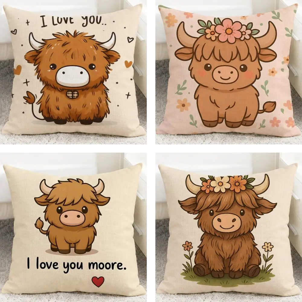 Character Highland Cow Cushion Cover Cushion Covers Natural Linen Breathable Sofa Bedroom Decor Pillowcase
