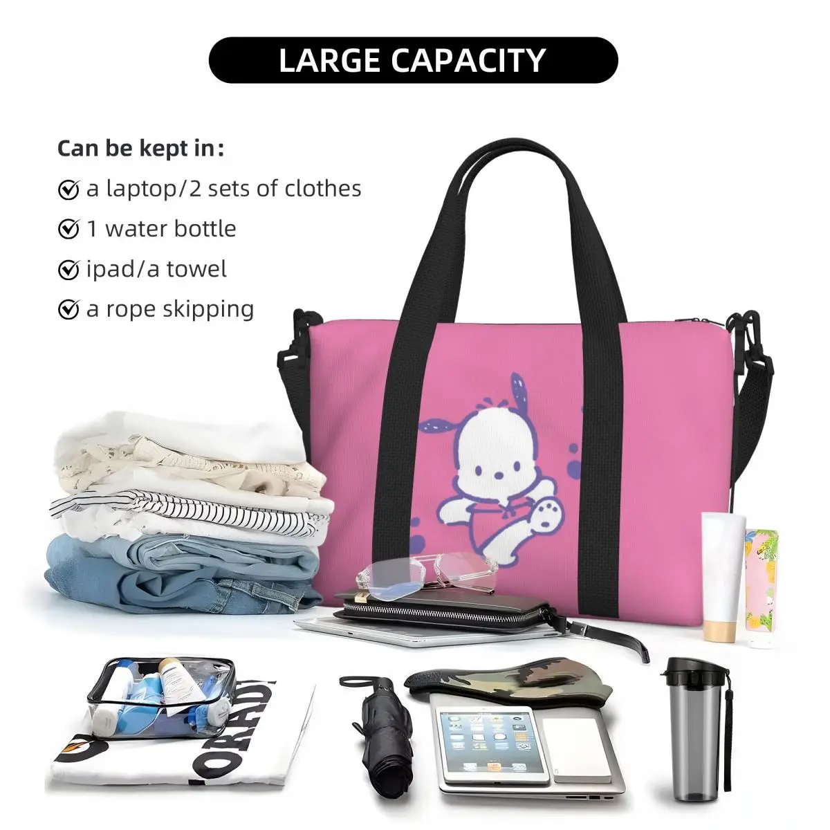 Pochacco-Bolso de mano de playa personalizado para mujer, bolsa de viaje de dibujos animados, bonito Anime, Gran compartimento, para gimnasio