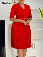 Mlaiscsr-vestido rojo nuevo con cuello en V para mujer, media manga plisada, corte en A, Vestidos medios, Vestidos africanos elegantes a la moda para trabajo de oficina