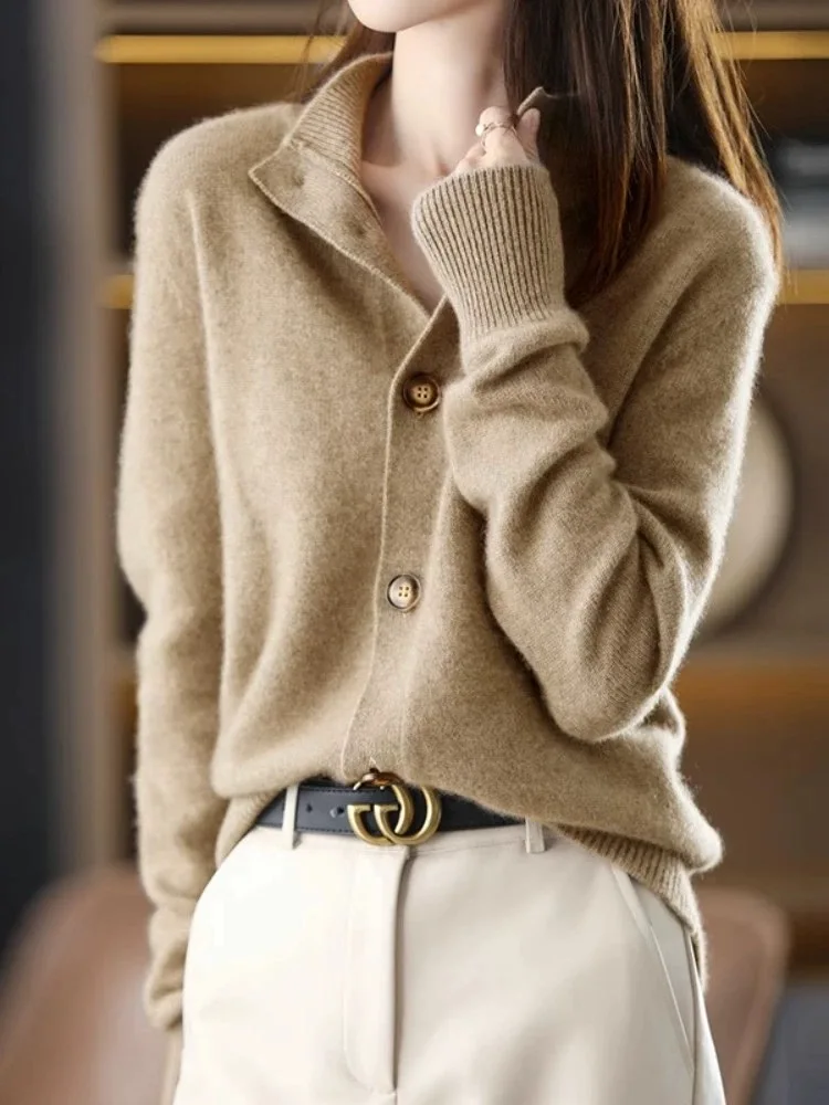 

Женский шерстяной кардиган на осень-зиму с воротником-стойкой, вязаный свитер с открытым передом, длинными рукавами, стандартный крой, для повседневной носки