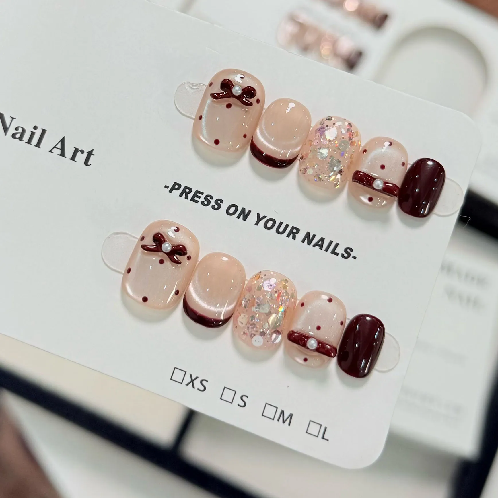 

10pcs Handmade Press on Nails French Polka Dot Cat's Eye Bow Full Coverage Nail Pieces Short Oval Nail Art for Women&Girls Wear