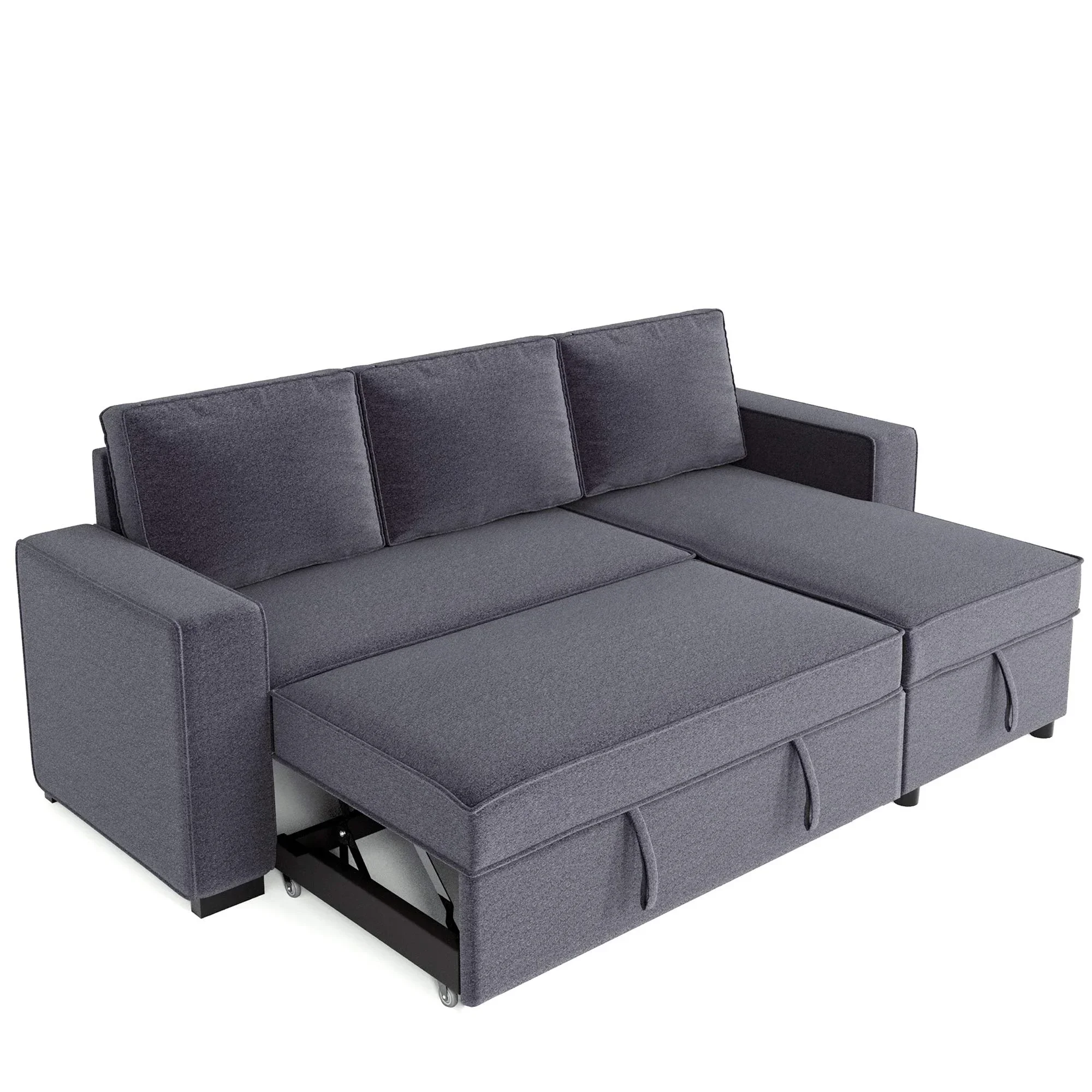 

classic upholstery dark grey fabric foldable convertible corner l bedroom living room sofa cum bed with storage Ottoman box