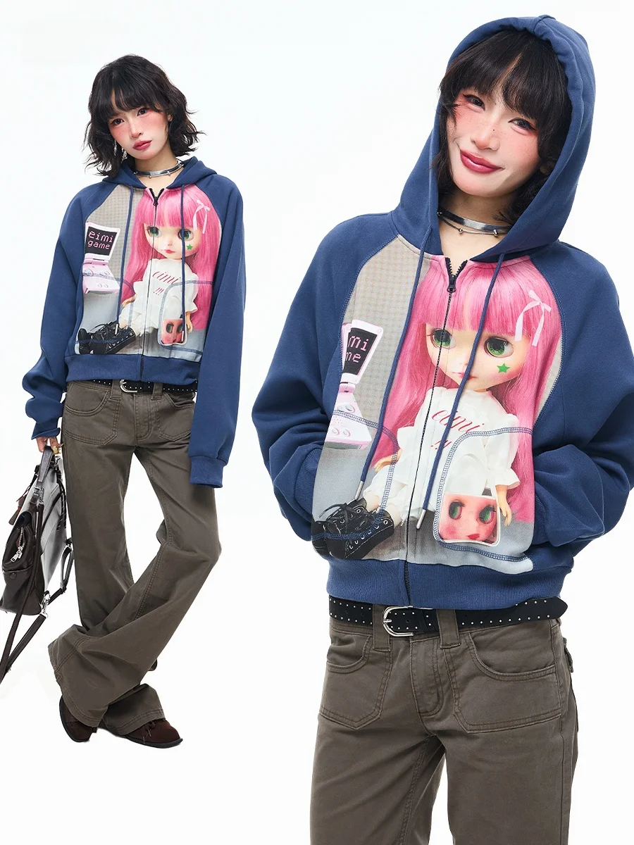 New Cute Doll Hoodies Zipper Jackets Casual Early Spring Model Korean Style Female Loose Fit Design Long Sleeve Sweatshirt