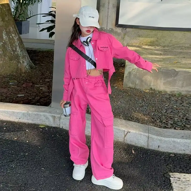 

2026 New Spring Girls Clothes Set Children Suit Teenager Tracksuit Jacket Top + Wide Leg Pants 5 8 10 11 12 Years