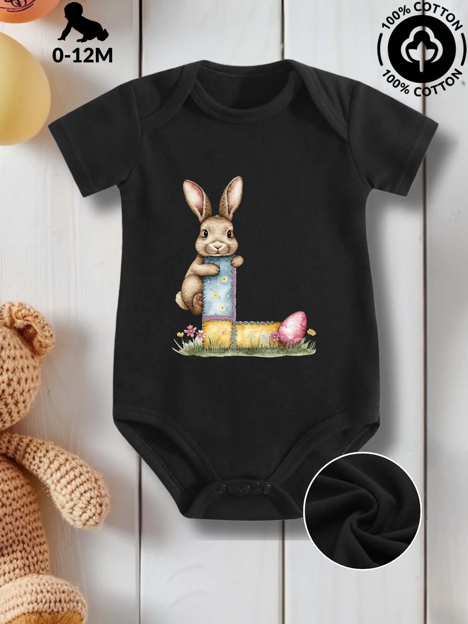 

Easter Alphabet L Unisex Baby Crawling Suit, Pure Cotton Skin Care Onesie, All-Season Wear Black Bodysuit 190GSM