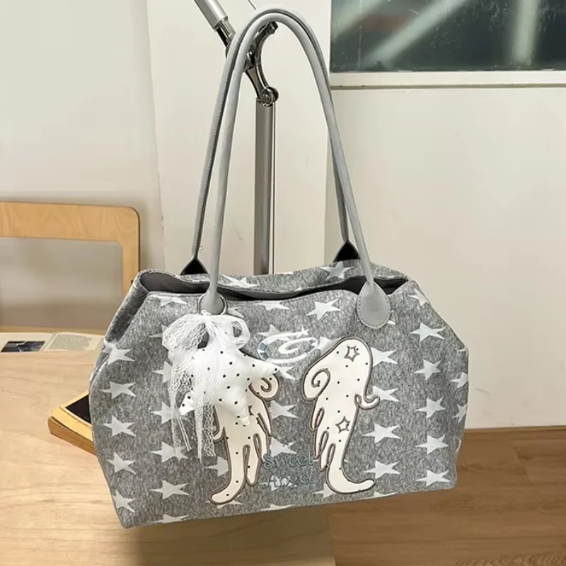 Korean Style Angel Wings Pattern Shoulder Bag Women Chic Star Print Nylon Tote Bag Multi-layer Versatile Large Capacity Handbag