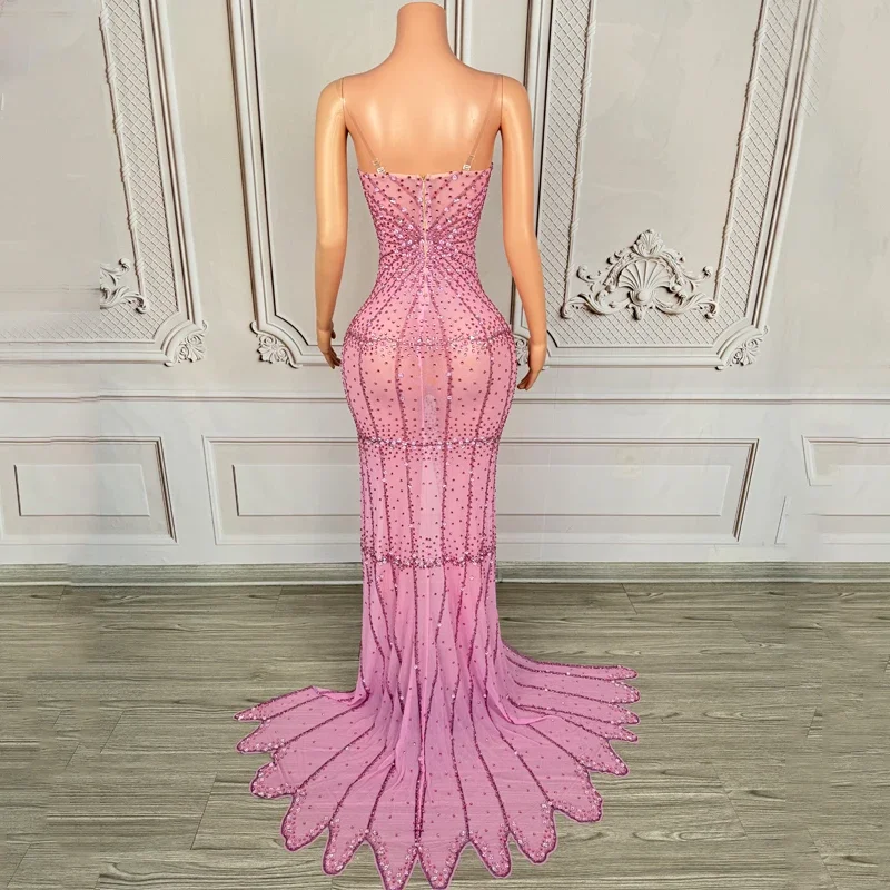 Women Evening Tailed Dresses Full Rhinestones Party Dress Singer Catwalk Outfit Festival Costumes Stage Wear