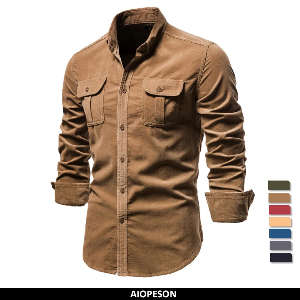 

Y2K New 100% Cotton Men's Corduroy Shirt Business Casual Fashion Solid Color Mens Cargo Shirts Autumn Slim Shirt Chemise Homme