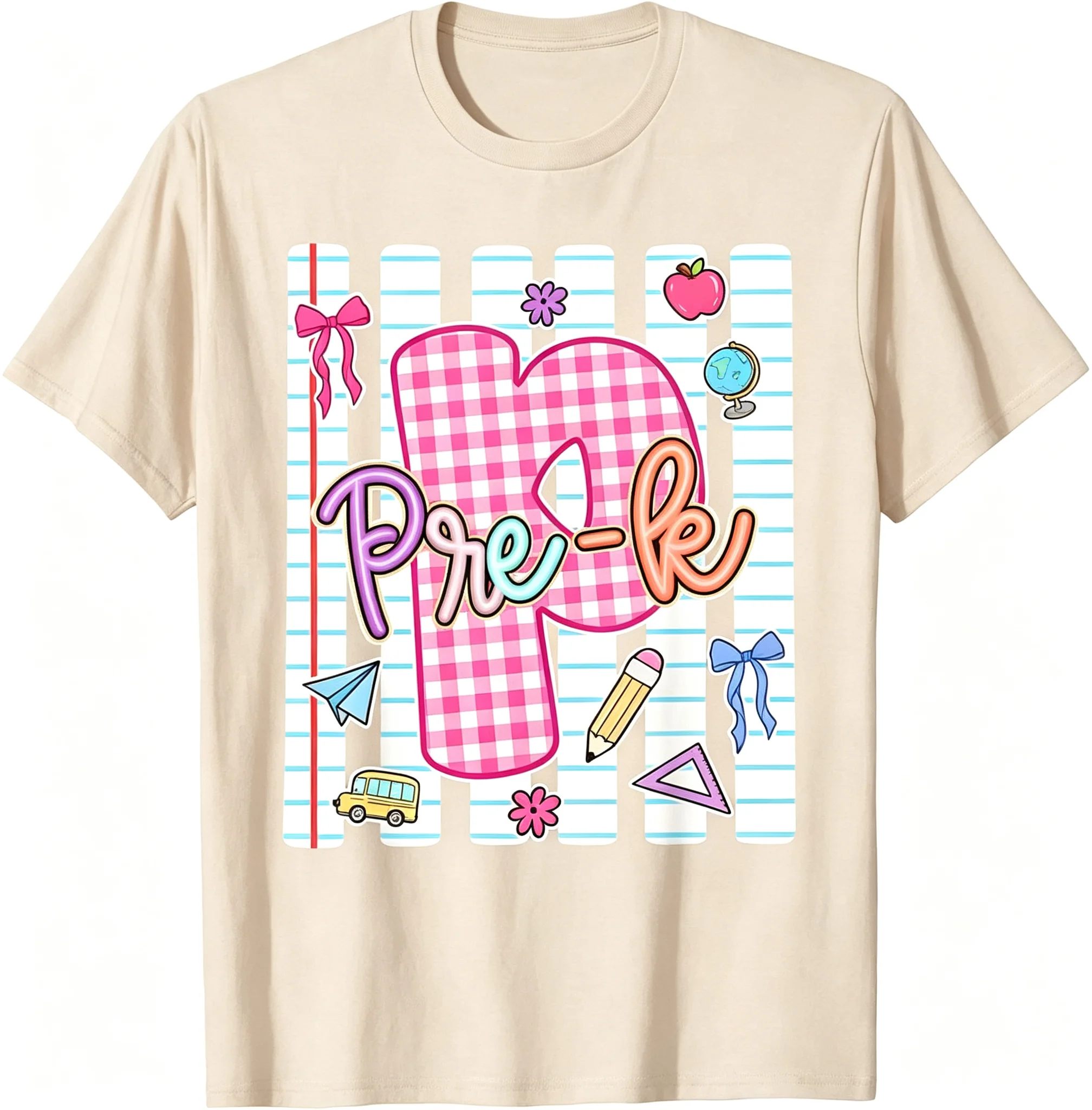 Cute Pre-K Gingham Letter School Bow Print T-Shirt Unisex Men Women Pencil Apple Bus Globe Back To School Casual Short Sleeve