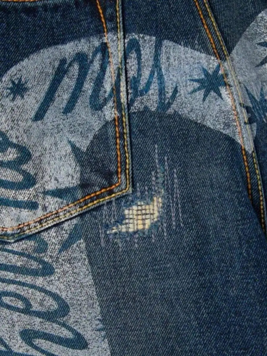 Mens High Waist Loose Straight Jeans With Hole Print Street Style