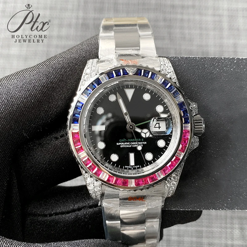 Custom 40.3mm Watch Bezel Stainless Rainbow Color Loose Gemstone Diamond Moissanite Refit Men Charms Hot Sale Watch Decoration