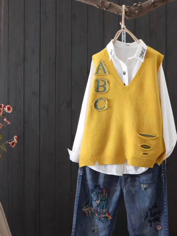

Artistic Knitted Vest Women's Autumn New Sle Letter Splicing Open Split Hole Sweater Bal V-ne Loose Fit Regular Thic...