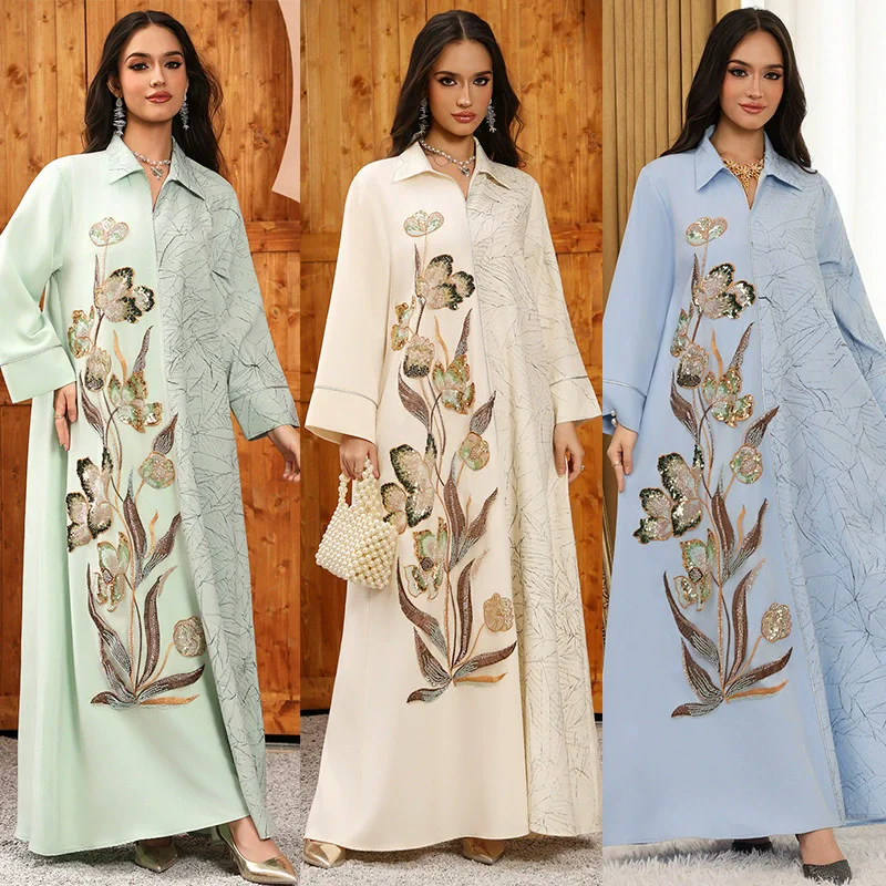 

Рамадан Ближний Восток новая жаккардовая ткань с вышивкой блестками мусульманское модное платье этническая одежда наклейка халат в наличии