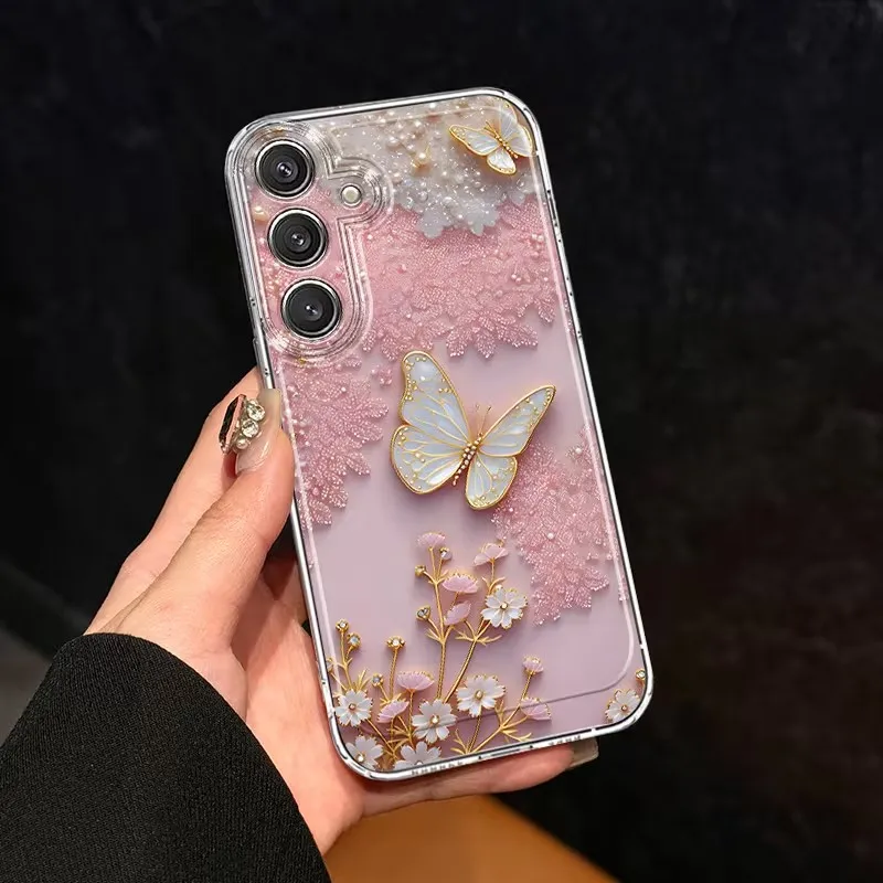 Lovely Pink Lace Butterfly Phone Case For Samsung GalaxyS22 S23 A56 A16 A26 A36 A54 A15 A55 A35 S25 S24 FE Ultra Plus Cover
