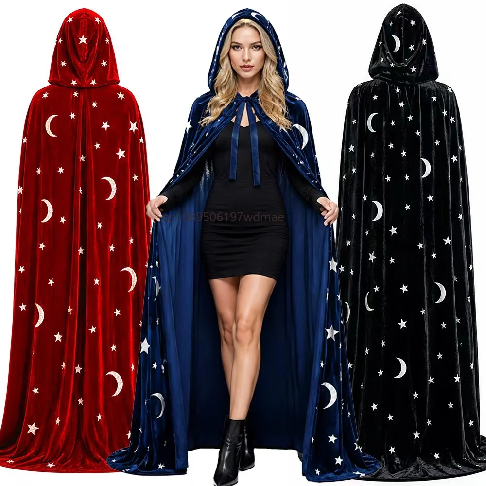 Halloween Hooded Cloak with Moon Star Print Long Witch Cape Cosplay Costume Stage Fancy Dress Robe Themed Party Magician's Cloak