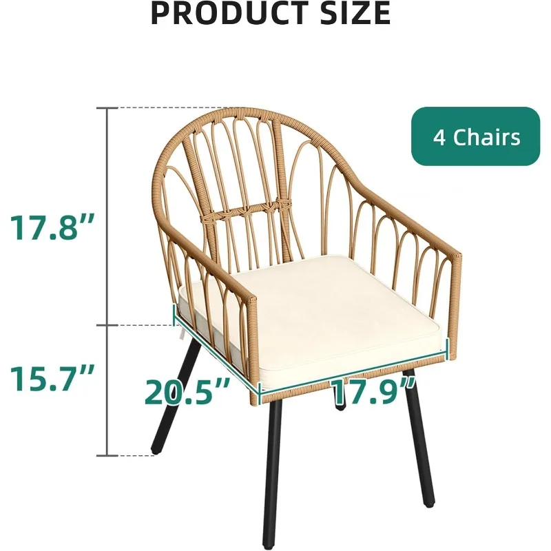 طقم كراسي بيسترو مكون من 4 كراسي طعام خارجية من الروطان مع أذرع ووسائد كرسي من الخيزران المنسوج مع مسند ظهر منحني مناسب لجميع الأحوال الجوية
