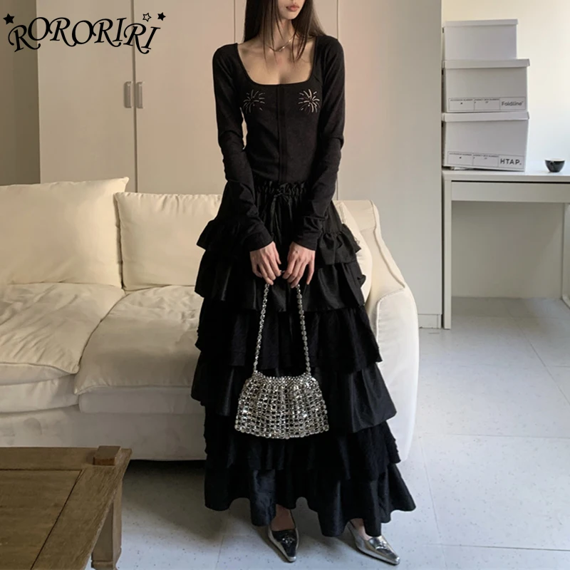 RORORIRI Retro Stitch Layered Ruffle Cake Dress Women Diamond Scoop Neck Long Sleeves Slim Long Dress Korean Fall Winter Clothes