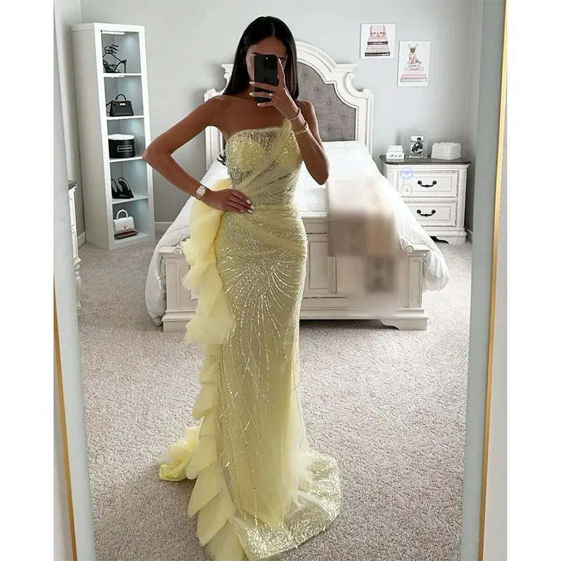 Stunning Yellow Mermaid Prom Dress Crystal Strapless Evening Dresses Elegant Side Ruffle Formal Dresses for Women