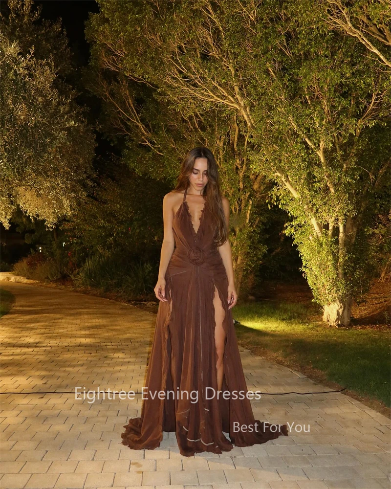 Eightree Summer Beach Party Dress Tied Halter Gowns Brown Celebrity Gown High Slit 2024 Holiday Dresses Backless вечерние платья