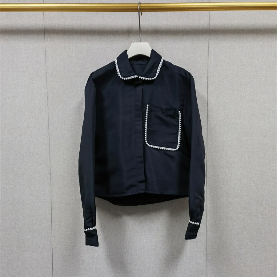 

【Gift Free】2026 Early Spring Contrast Trim Turn-Down Collar Long Sleeve Shirt & Ruffle Mini High-Waist Skirt Set