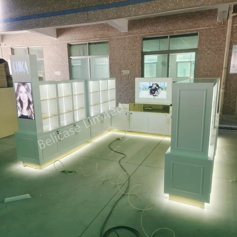 （customized）Luxury Hare Care Display Cabinet  Hair Extension Shelving Rack Custom Beauty Products Shopping Mall Kiosk Design