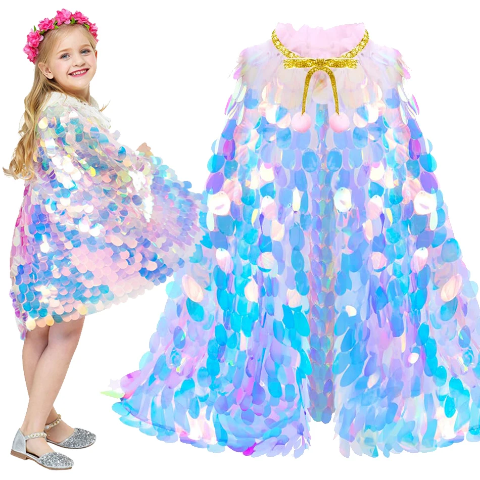 Girls Glitter Sweet Cloak Children Mermaid Shiny Sequin Princess Shawl Costumes Kid Blingbling Mantle Beach Party Cape Accessory