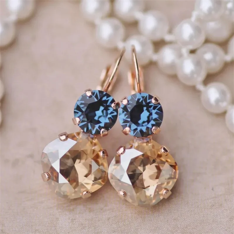 Exquisite Women Fashion Earrings Gold Color Round Inlaid Blue Champagne Stone Dangle Earrings for Women