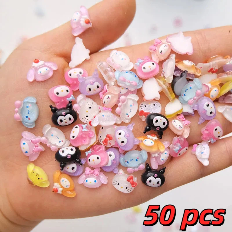 50Pcs 3D Sanrio Cartoon Resin Nail Charms Kawaii Anime Glitter Hello Kitty My Melody Kuromi Rhinestone Gem For Manicure DIY Gift