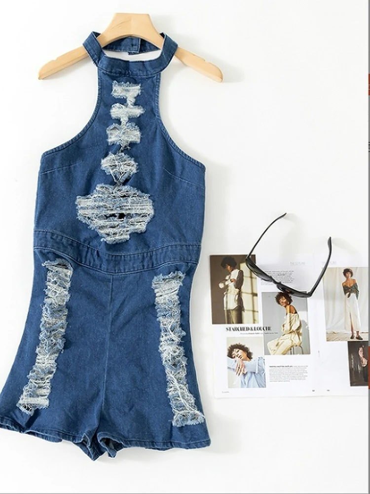 

Summer 2026 Women's Skinny Denim ortalls Tight Hole Waed Bal Tops And Bot Inteated Clothing Commute Sle