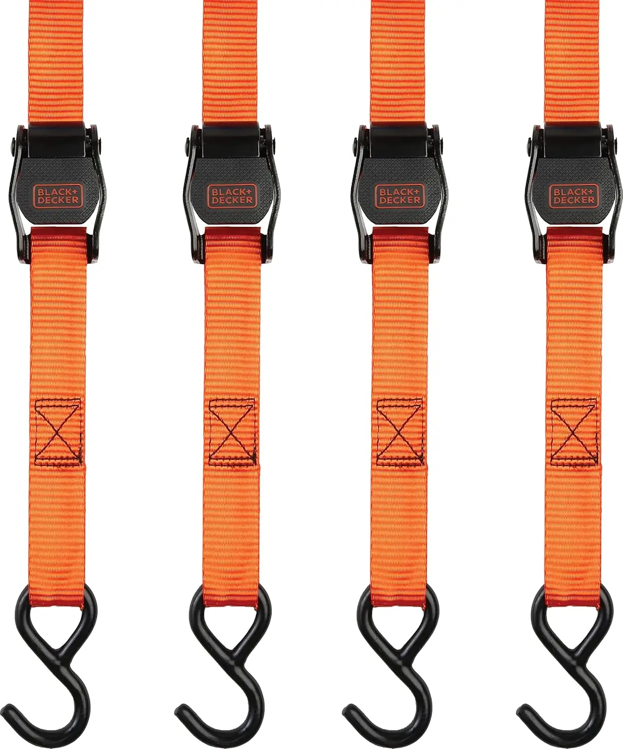 

4-Pack Cam-Buckle Tie Down Straps, 300 lb Safe Load, 900 lb Break Strength, Black/Orange
