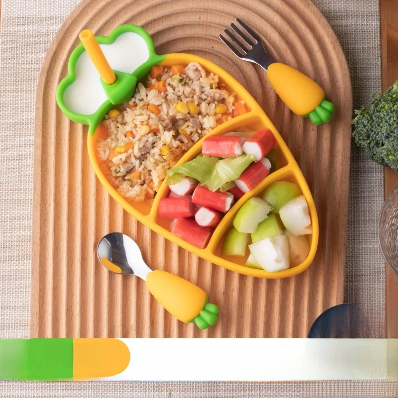 Carrot 304 Stainless Steel Fork Spoon Baby Toddler Feeding Plate Silicone Divided Children's Dinnerware Set Kids Meal Plate