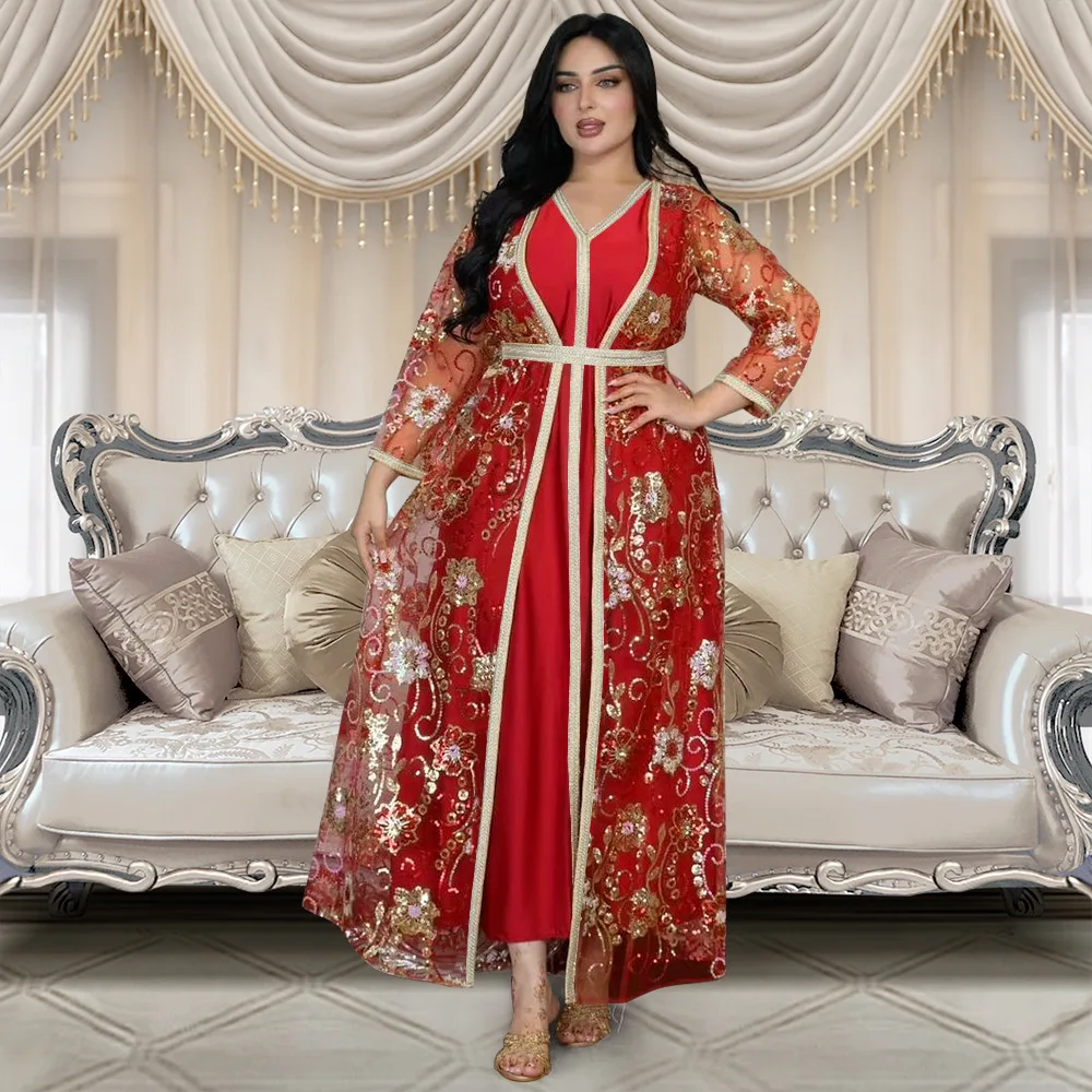 Caftano marocchino 2 pezzi Set musulmano Dubai Abaya caftano per la cerimonia nuziale delle donne 2025 nuove paillettes modello floreale abito lungo