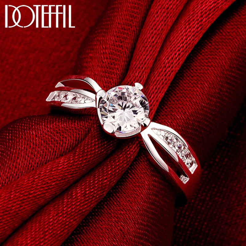 DOTEFFIL 925 Sterling Silver Full  AAA Zircon Round Ring For Woman Fashion Wedding Engagement Party Charm Jewelry