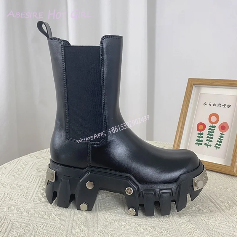 Metallic Silver Boots Black Leather 6.5Cm Fretwork Heels Rivet Design Girls Cool Calf Booties Short Spring Versatile Women Shoes