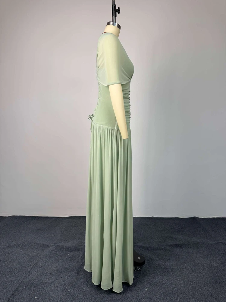 Salbeigrünes Chiffon-Maxikleid für Damen, asymmetrisches, schulterfreies, gerafftes langes Abendkleid, formelles Kleid für Hochzeitsgäste, Brautjungfern und Partys – Detail 9