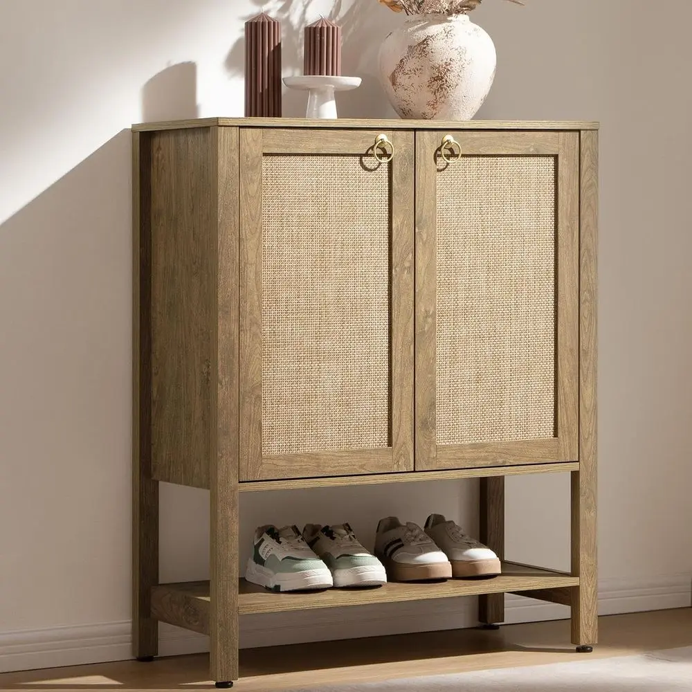

5 Tier Rattan Shoe Organizer Storage Cabinet with Shelves, Tall Rack for Entryway, Living Room, Closet - Carbon Cherry
