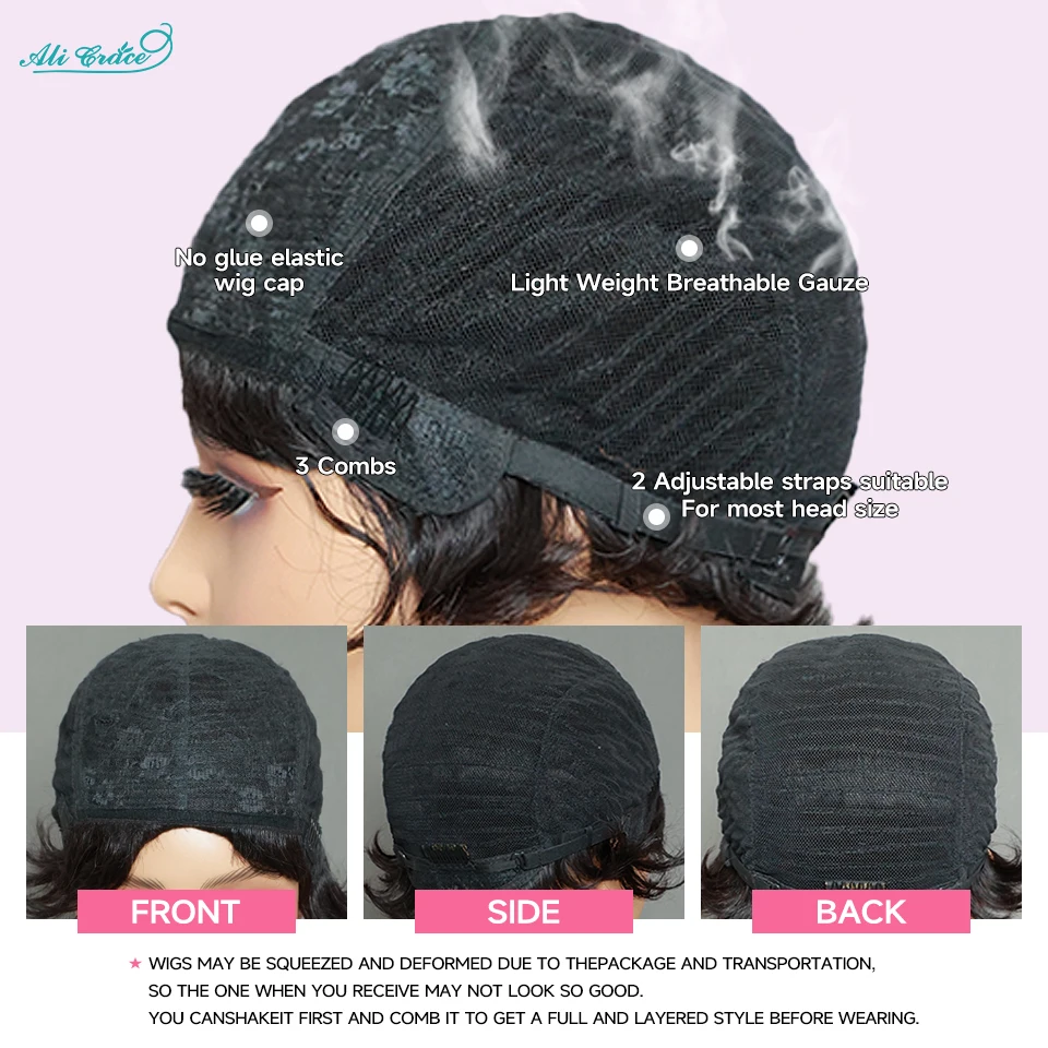 Short Bob Pixie Cut Wigs Straight Human Hair Machine Made Wigs With Bangs Brazilian Remy Hair Wig Ready To Go